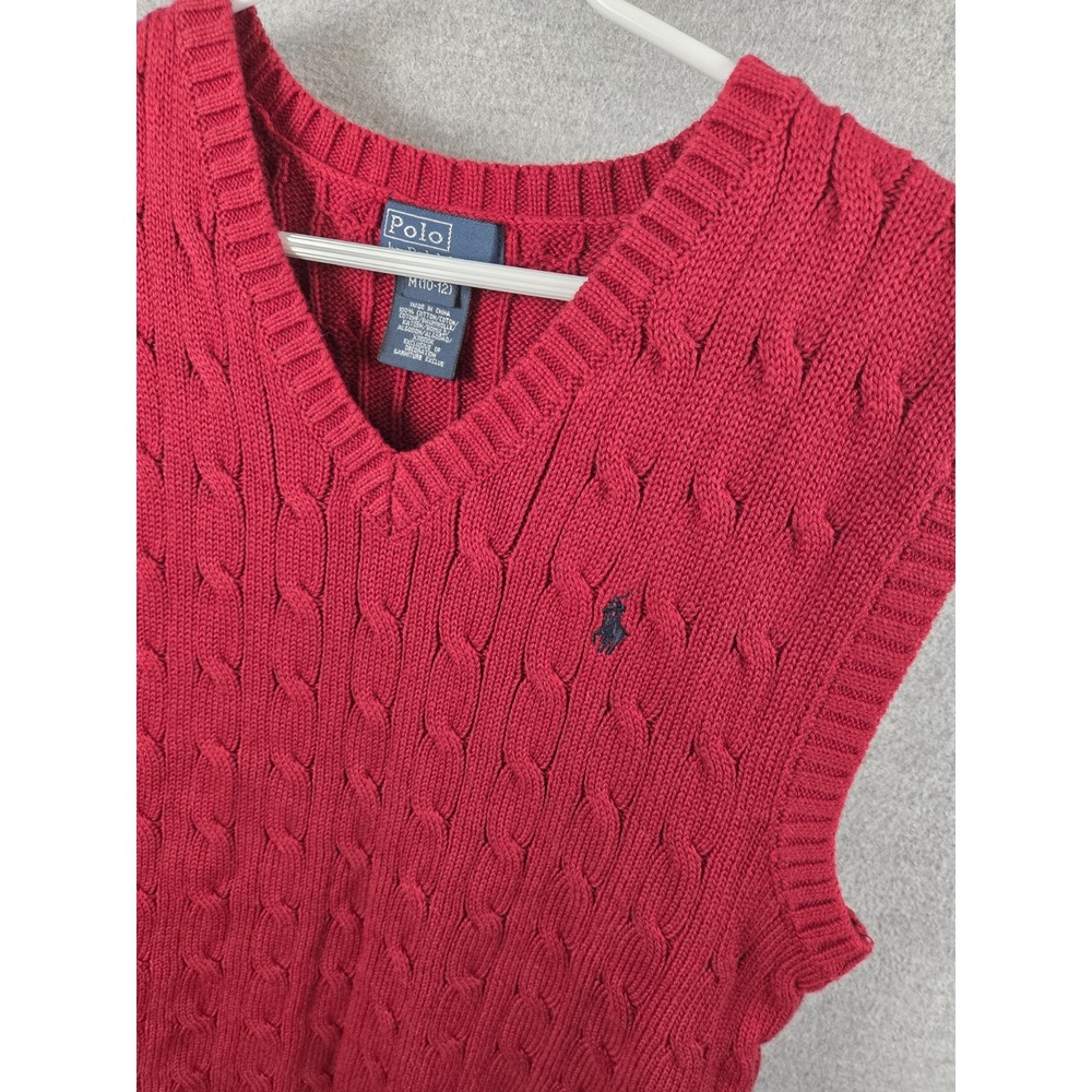 Polo Ralph Lauren Boys M 10-12 Red Chunky Cable Knit Sweater Vest Fisherman